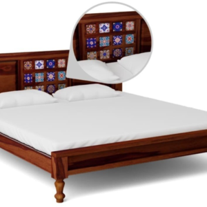 Solid Wood Bed with Decorative Tile Inlay – King Size