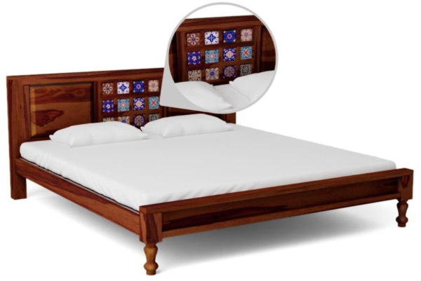 Solid Wood Bed with Decorative Tile Inlay – King Size