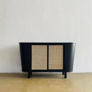 Modern Side Table with Cane Doors and Minimalist Design