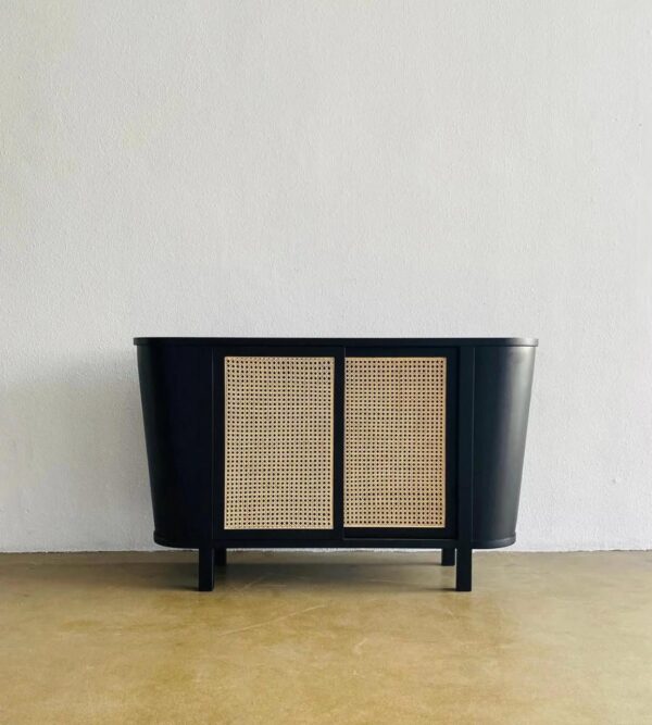 Modern Side Table with Cane Doors and Minimalist Design
