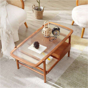 Vintage-Inspired Center Table with Ribbed Glass Top and Storage Shelf