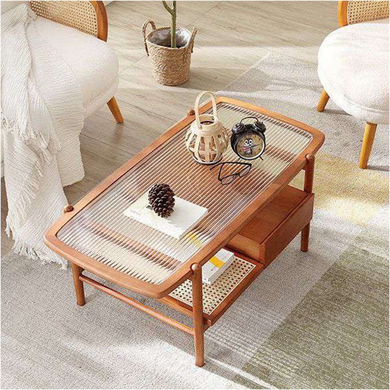 Vintage-Inspired Center Table with Ribbed Glass Top and Storage Shelf