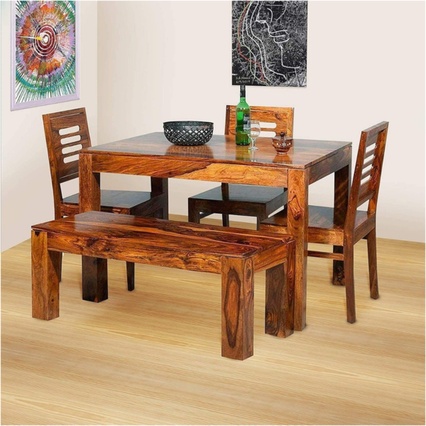 4-Seater Wooden Dining Table Set with Bench and Chairs
