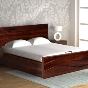 King Size Sheesham Wood Bed with Hydraulic Storage & Wave Design