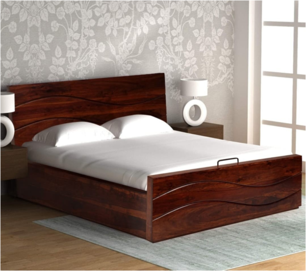 King Size Sheesham Wood Bed with Hydraulic Storage & Wave Design