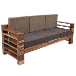 Rustic Wooden Sofa with Dual-Tone Cushions – 3 Seater