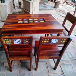 Handcrafted Wooden Dining Set with Colorful Tile Inlays – 4 Seater