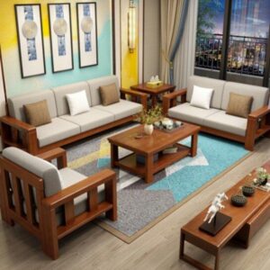 Premium Solid Wood Sofa Set with Beige Cushions – 3+3+1 Seater