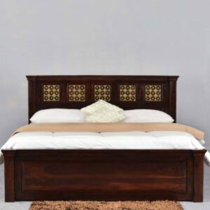 Royal Carved Sheesham Wood Bed – With Brass Inlay Panels