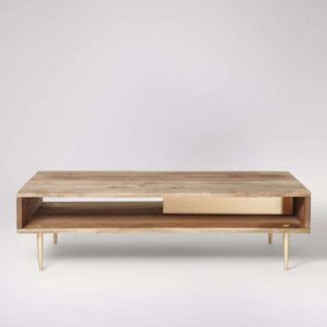Minimalist Wooden Center Table with Drawer and Open Shelf – Golden Leg Detail