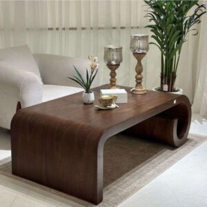 Sculpted Wooden Center Table with Curved Waterfall Design – Walnut Finish
