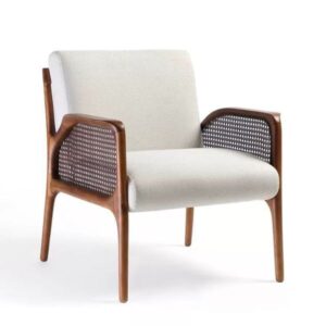 Modern Rattan-Wood Lounge Chair with Upholstered Seat