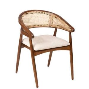 Curved Teak Cane Accent Chair with Upholstered Seat