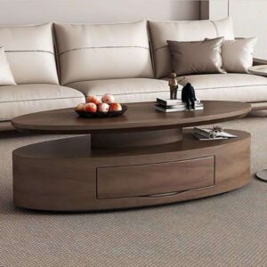 Contemporary Oval Center Table with Storage Drawer – Walnut Wood Finish