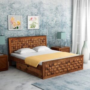 Contemporary Sheesham Wood King Size Bed with Woven Panel Design and Storage