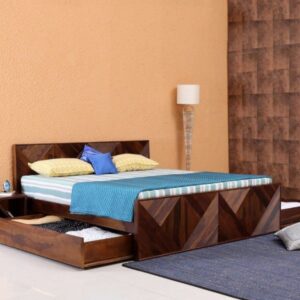 Contemporary Sheesham Wood Bed with Geometric Panel Design & Pull-Out Storage