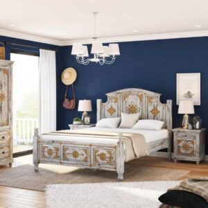 Vintage Carved Solid Wood King Size Bed with Antique Finish