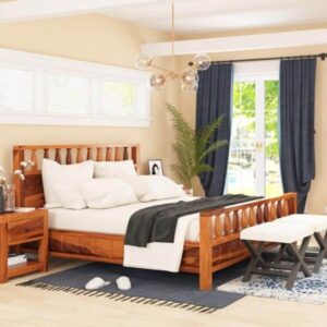 Solid Sheesham Wood King Size Bed with Slatted Headboard