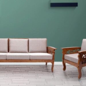 Traditional Wooden Sofa Set with Carved Armrests and Cream Cushions – 3+1 Seater