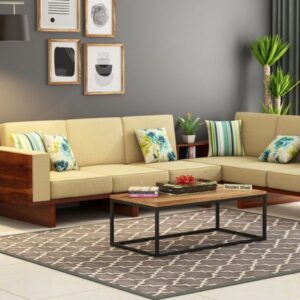 L-Shaped Wooden Frame Sofa Set with Beige Cushions – Contemporary Living Room Sofa