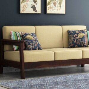 Classic Wooden 3-Seater Sofa with Beige Cushions – Elegant Living Room Seating