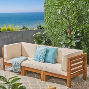 Outdoor L-Shaped Wooden Sofa with Beige Cushions – Patio & Garden Sectional Seating