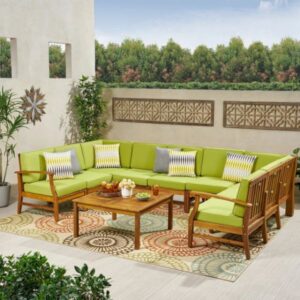 Outdoor Teak Wood Sectional Sofa Set with Lime Green Cushions – 9-Seater Patio Lounge