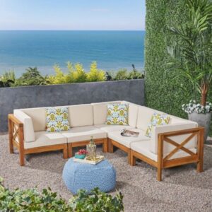 Premium Outdoor Wooden L-Shaped Sofa Set with Ivory Cushions – 8-Seater Garden Lounge