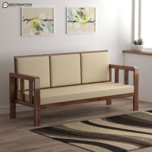 Contemporary Wooden Sofa with Beige Cushions – 3 Seater