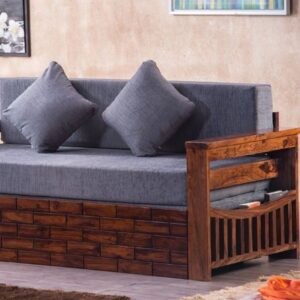 Multipurpose Wooden Sofa Cum Bed with Storage – Grey Cushion