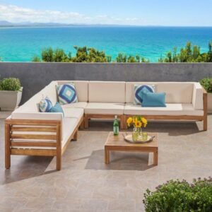 Outdoor Wooden L-Shaped Sofa Set with Cushions – Patio Lounge Collection