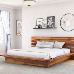 Contemporary Solid Wood Platform Bed with Slatted Headboard