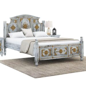 Vintage Distressed Wooden Bed with Ornate Carved Panels