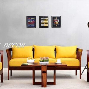 Modern Wooden Sofa Set with Bright Yellow Cushions – 3+1+1 Seater