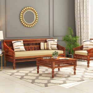 Traditional Carved Wooden Sofa Set with Cream Cushions – 3+1+1 Seater