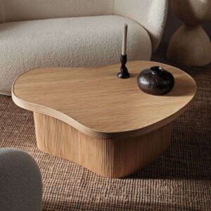 Organic Modern Wooden Center Table with Sculpted Base – Natural Finish